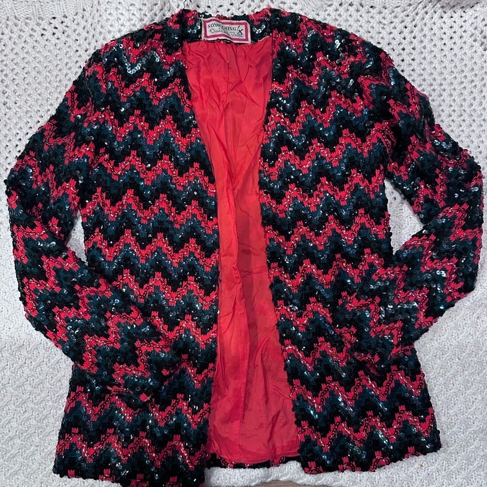 SOMETHING BY Oscar de la Renta vintage Women’s 8 Black and Red Chevron Cardiga